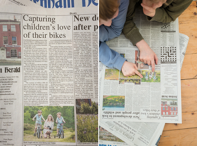 Bailey and Tristan pictured here in the Farnham Herald promoting Surrey family photogrpher project 'Kids and their Bikes'. 